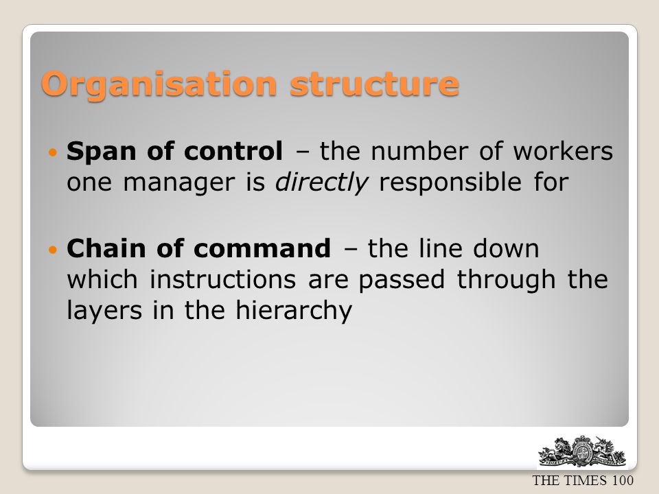 THE TIMES 100 Organisation structure Span of control – the number of workers one manager is directly responsible for Chain of command – the line down which instructions are passed through the layers in the hierarchy