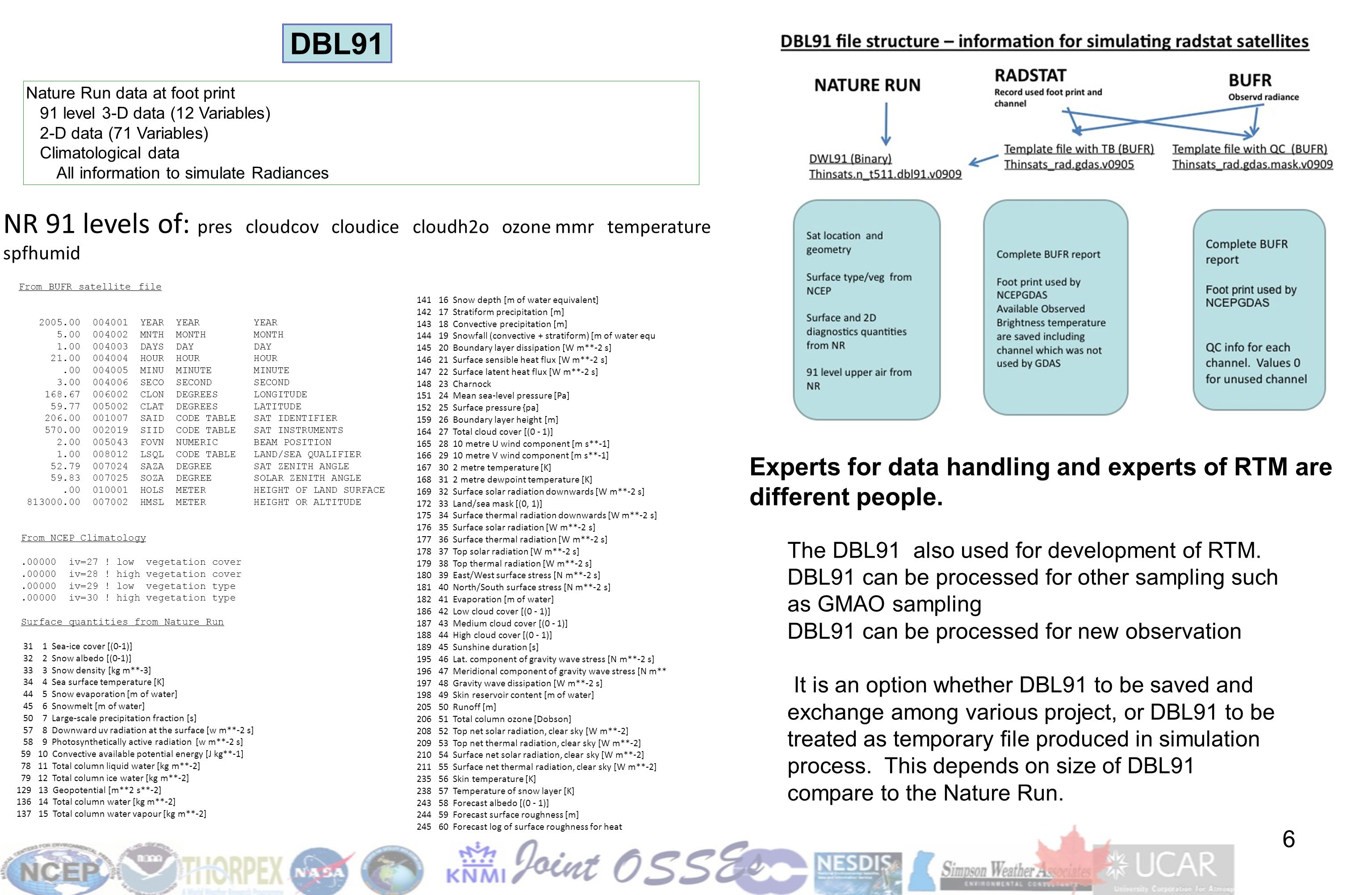 6 DBL91 Nature Run data at foot print 91 level 3-D data (12 Variables) 2-D data (71 Variables) Climatological data All information to simulate Radiances Experts for data handling and experts of RTM are different people.