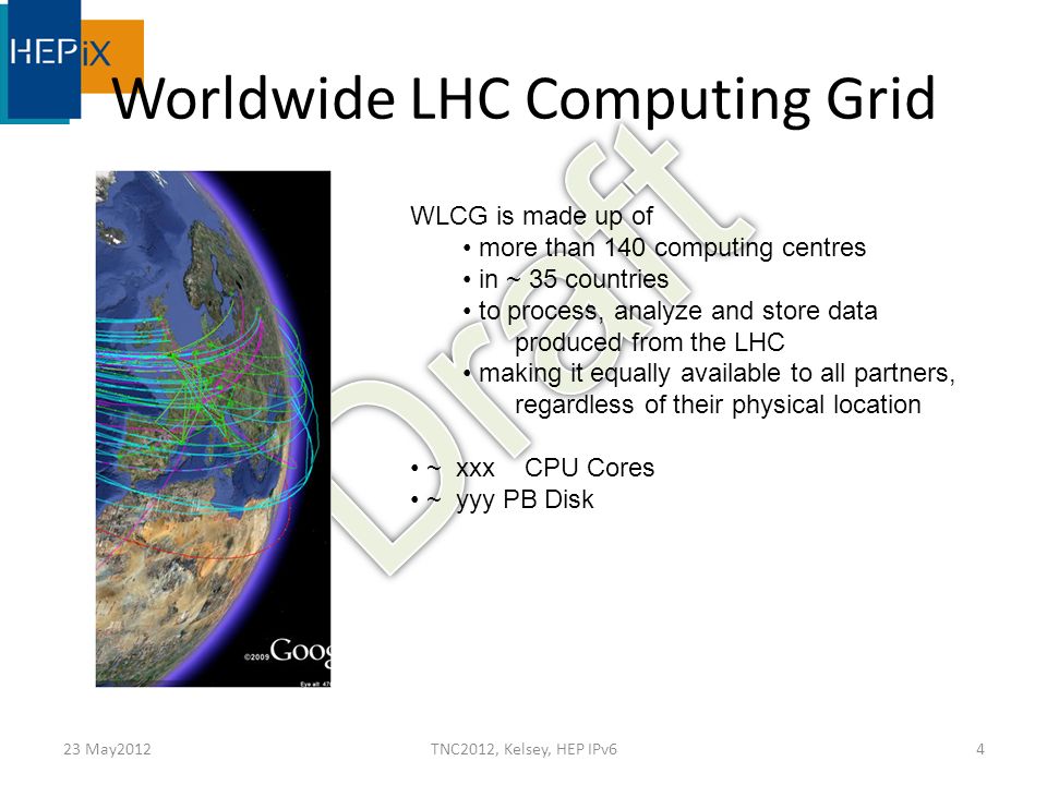 Worldwide LHC Computing Grid 23 May2012TNC2012, Kelsey, HEP IPv64 WLCG is made up of more than 140 computing centres in ~ 35 countries to process, analyze and store data produced from the LHC making it equally available to all partners, regardless of their physical location ~ xxx CPU Cores ~ yyy PB Disk
