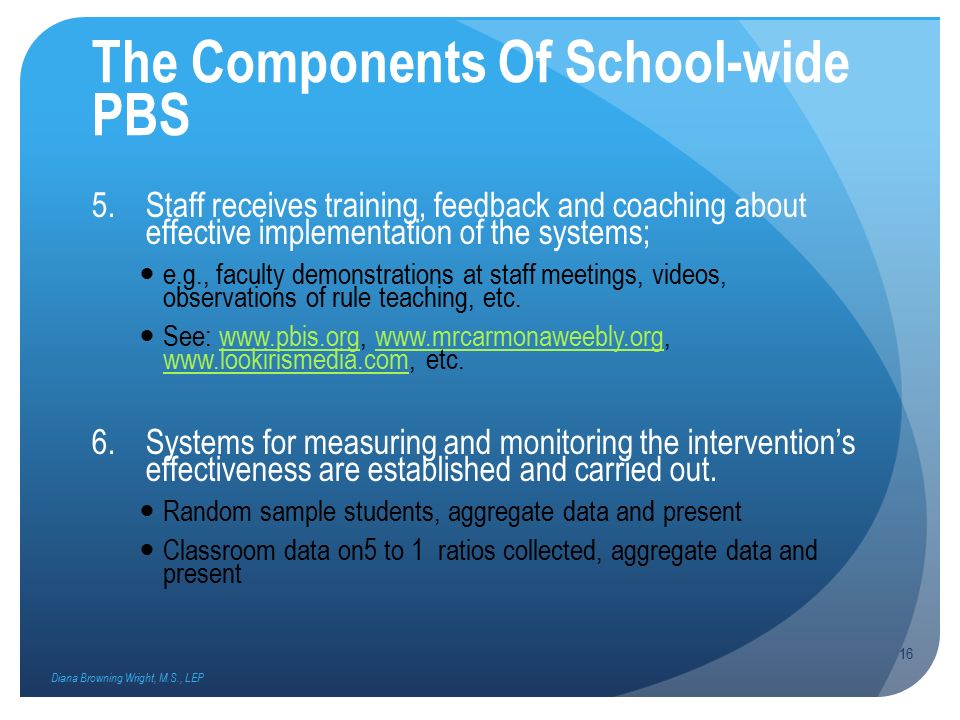 The Components Of School-wide PBS 5.Staff receives training, feedback and coaching about effective implementation of the systems; e.g., faculty demonstrations at staff meetings, videos, observations of rule teaching, etc.
