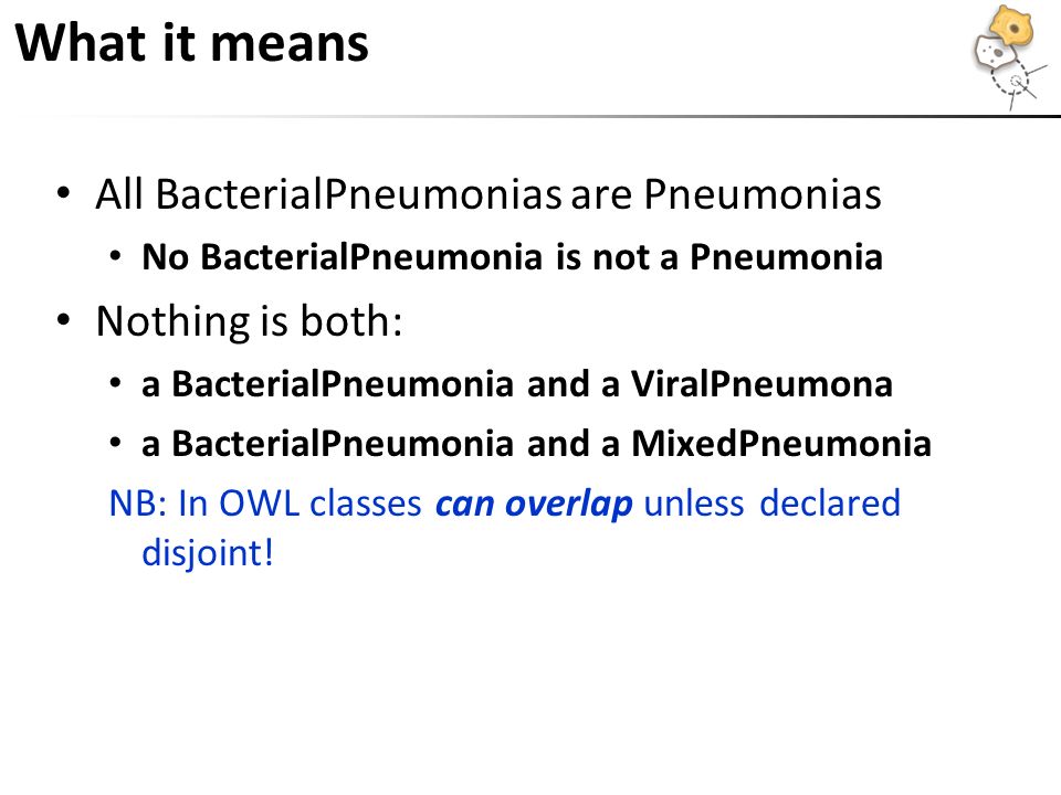 What it means All BacterialPneumonias are Pneumonias No BacterialPneumonia is not a Pneumonia Nothing is both: a BacterialPneumonia and a ViralPneumona a BacterialPneumonia and a MixedPneumonia NB: In OWL classes can overlap unless declared disjoint!