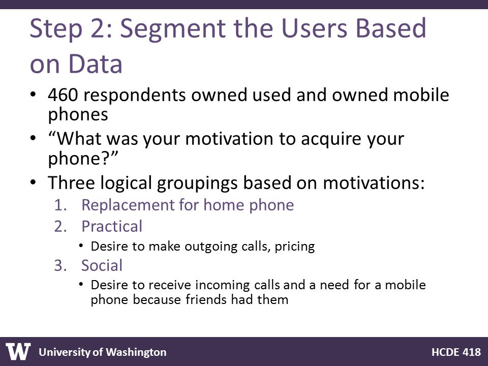 University of Washington HCDE 418 Step 2: Segment the Users Based on Data 460 respondents owned used and owned mobile phones What was your motivation to acquire your phone Three logical groupings based on motivations: 1.Replacement for home phone 2.Practical Desire to make outgoing calls, pricing 3.Social Desire to receive incoming calls and a need for a mobile phone because friends had them