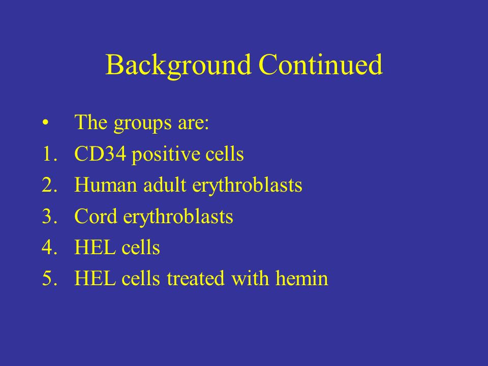 Background Continued The groups are: 1.CD34 positive cells 2.Human adult erythroblasts 3.Cord erythroblasts 4.HEL cells 5.HEL cells treated with hemin