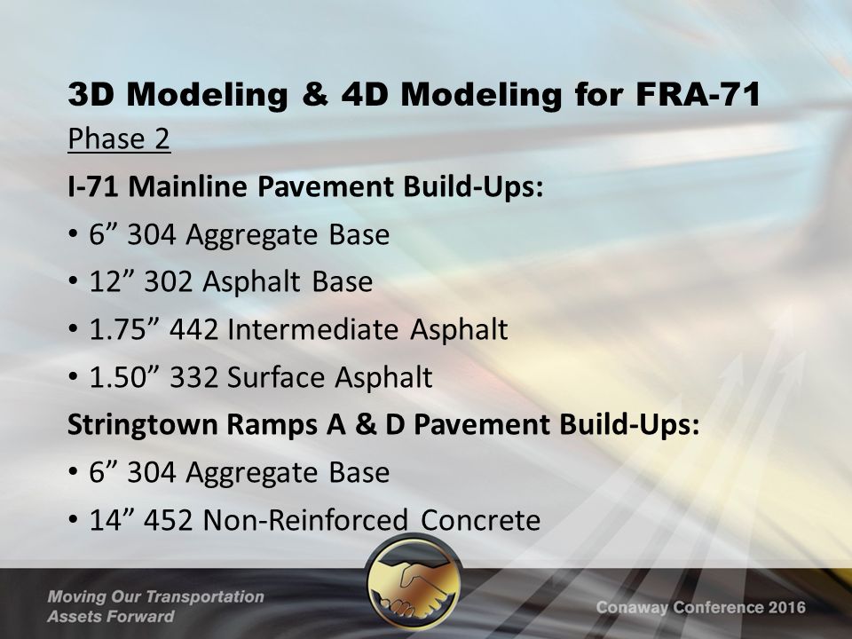 3D Modeling & 4D Modeling for FRA-71 Phase 2 I-71 Mainline Pavement Build-Ups: Aggregate Base Asphalt Base Intermediate Asphalt Surface Asphalt Stringtown Ramps A & D Pavement Build-Ups: Aggregate Base Non-Reinforced Concrete