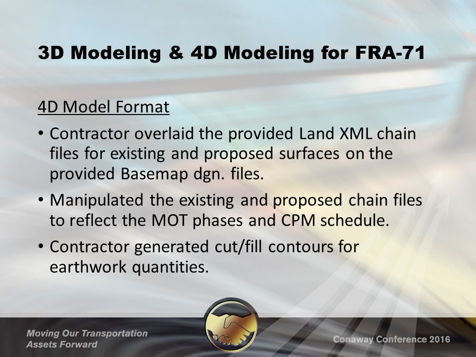 4D Model Format Contractor overlaid the provided Land XML chain files for existing and proposed surfaces on the provided Basemap dgn.