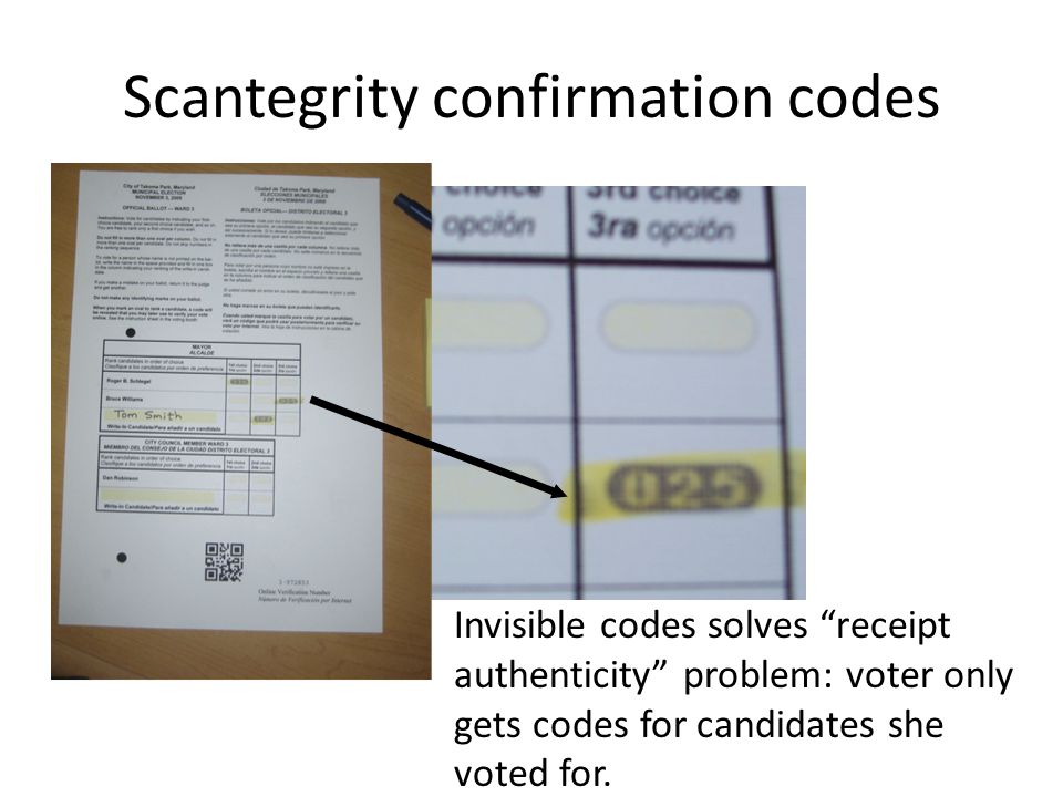 Scantegrity confirmation codes Invisible codes solves receipt authenticity problem: voter only gets codes for candidates she voted for.
