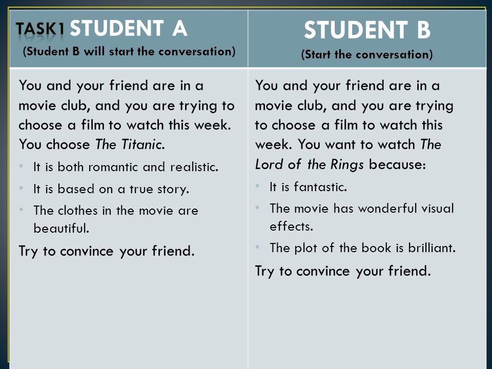 Speaking Tasks. STUDENT A (Student B will start the conversation) STUDENT B  (Start the conversation) You and your friend are in a movie club, and you.  - ppt download