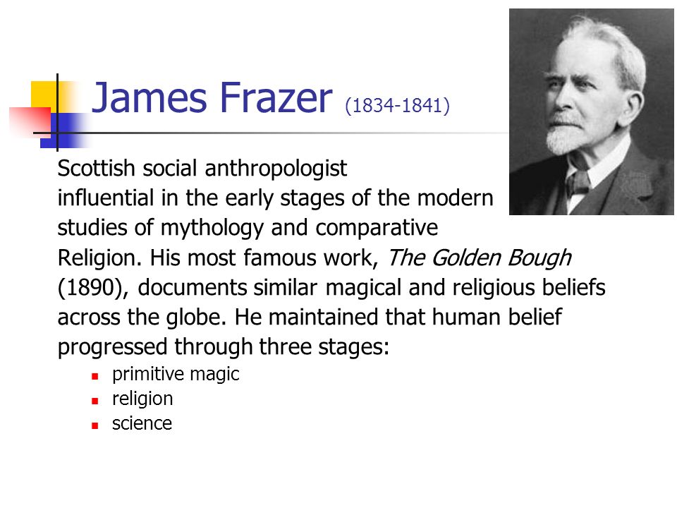 James Frazer ( ) Scottish social anthropologist influential in the early stages of the modern studies of mythology and comparative Religion.