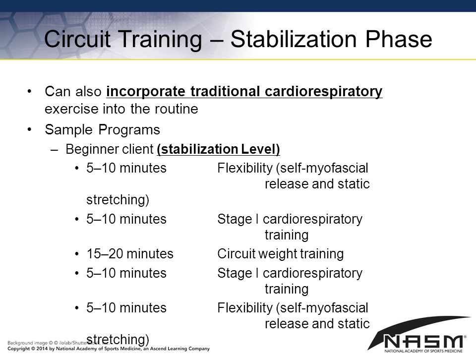 Circuit Training – Stabilization Phase Can also incorporate traditional cardiorespiratory exercise into the routine Sample Programs –Beginner client (stabilization Level) 5–10 minutes Flexibility (self-myofascial release and static stretching) 5–10 minutes Stage I cardiorespiratory training 15–20 minutes Circuit weight training 5–10 minutes Stage I cardiorespiratory training 5–10 minutes Flexibility (self-myofascial release and static stretching)