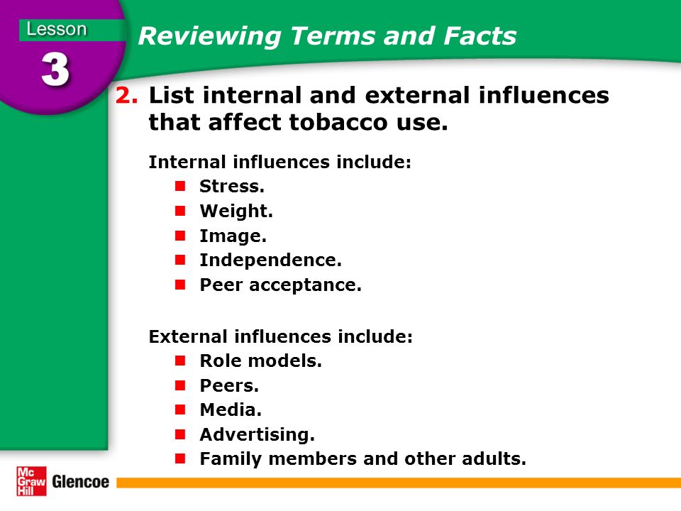 2.List internal and external influences that affect tobacco use.