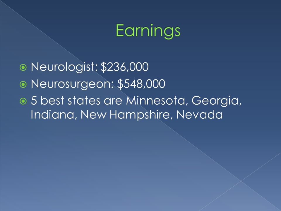 Neurologist: $236,000  Neurosurgeon: $548,000  5 best states are Minnesota, Georgia, Indiana, New Hampshire, Nevada