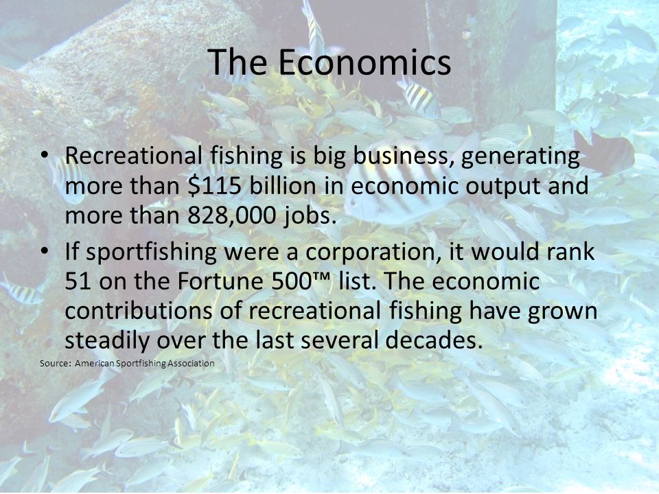 The Economics Recreational fishing is big business, generating more than $115 billion in economic output and more than 828,000 jobs.