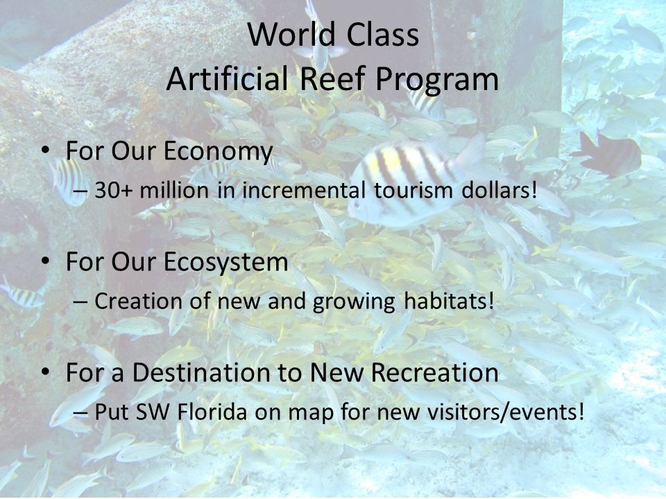 World Class Artificial Reef Program For Our Economy – 30+ million in incremental tourism dollars.