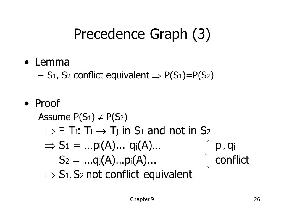 Chapter 926 Precedence Graph (3) Lemma –S 1, S 2 conflict equivalent  P(S 1 )=P(S 2 ) Proof Assume P(S 1 )  P(S 2 )   T i : T i  T j in S 1 and not in S 2  S 1 = …p i (A)...