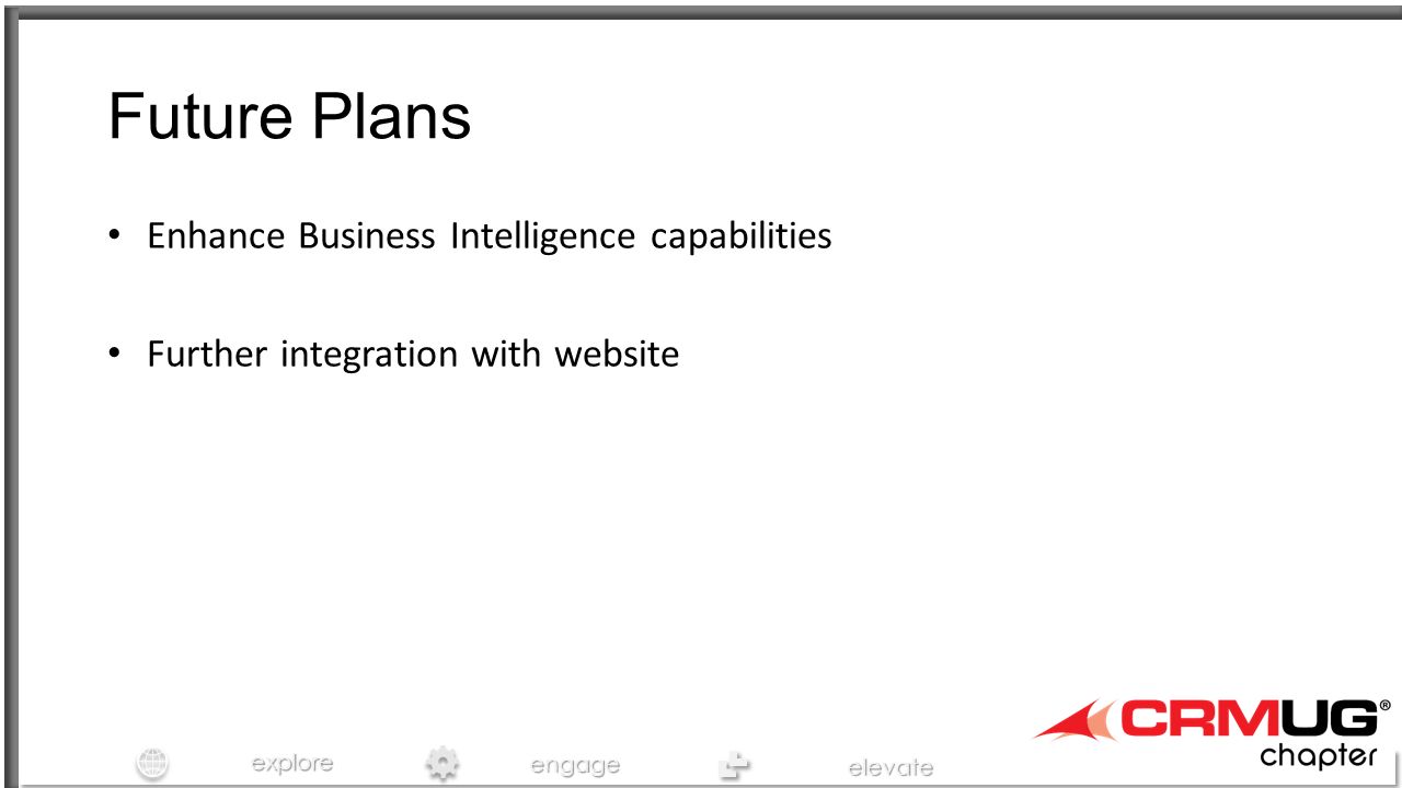exploreengage elevate Future Plans Enhance Business Intelligence capabilities Further integration with website
