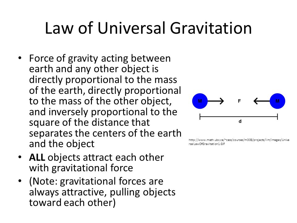 Law of Universal Gravitation Force of gravity acting between earth and any ...