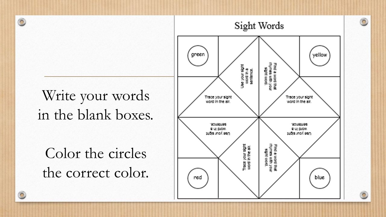 Write your words in the blank boxes. Color the circles the correct color.