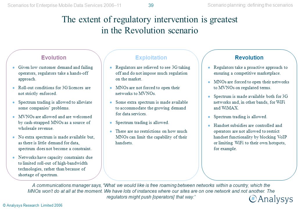 39 © Analysys Research Limited 2006 Scenarios for Enterprise Mobile Data Services 2006–11 The extent of regulatory intervention is greatest in the Revolution scenario Revolution Regulators take a proactive approach to ensuring a competitive marketplace.