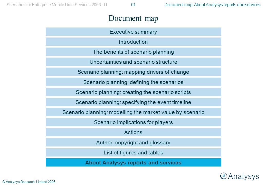 91 © Analysys Research Limited 2006 Document map Document map: About Analysys reports and servicesScenarios for Enterprise Mobile Data Services 2006–11 Scenario implications for players Uncertainties and scenario structure About Analysys reports and services Actions List of figures and tables Executive summary Introduction Scenario planning: creating the scenario scripts Scenario planning: modelling the market value by scenario The benefits of scenario planning Author, copyright and glossary Scenario planning: mapping drivers of change Scenario planning: defining the scenarios Scenario planning: specifying the event timeline