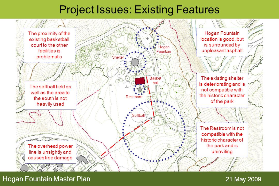 Hogan Fountain Master Plan 21 May 2009 Project Issues: Existing Features Shelter Hogan Fountain Hogan Fountain location is good, but is surrounded by unpleasant asphalt The existing shelter is deteriorating and is not compatible with the historic character of the park The Restroom is not compatible with the historic character of the park and is uninviting The softball field as well as the area to the south is not heavily used The proximity of the existing basketball court to the other facilities is problematic The overhead power line is unsightly and causes tree damage Restroom Basket ball Softball