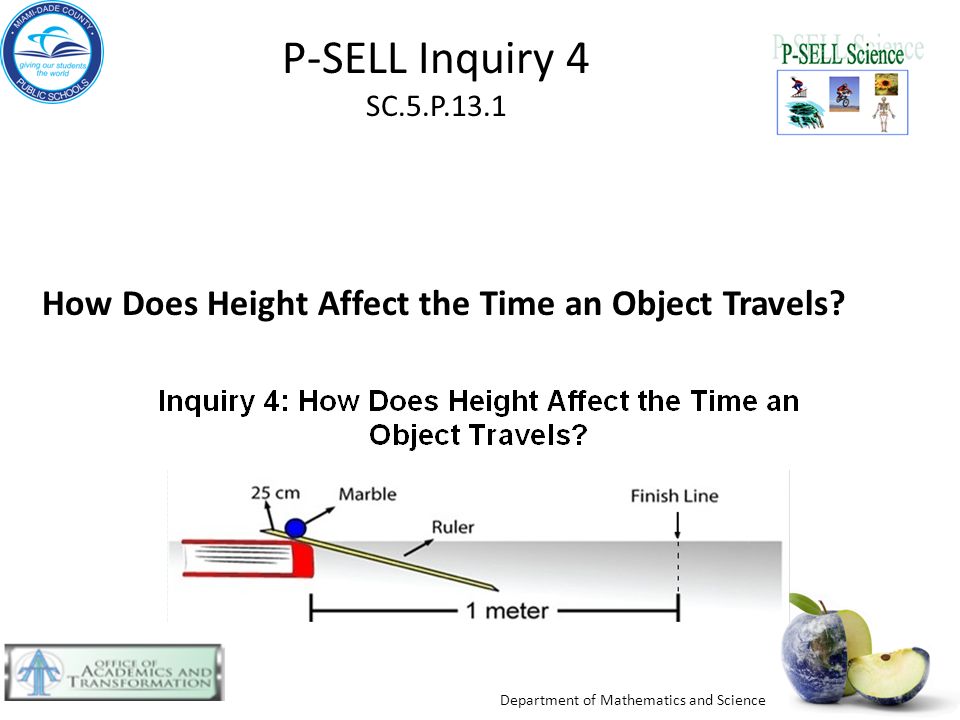 Department of Mathematics and Science P-SELL Inquiry 4 SC.5.P.13.1 How Does Height Affect the Time an Object Travels