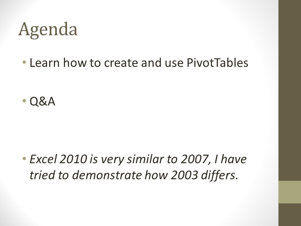 learning how to use pivot tables in excel 2003