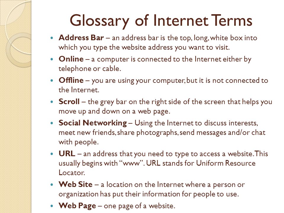 Secretario Ondas crecimiento The Internet and Browsing. Glossary of Internet Terms Address Bar – an  address bar is the top, long, white box into which you type the website  address. - ppt download