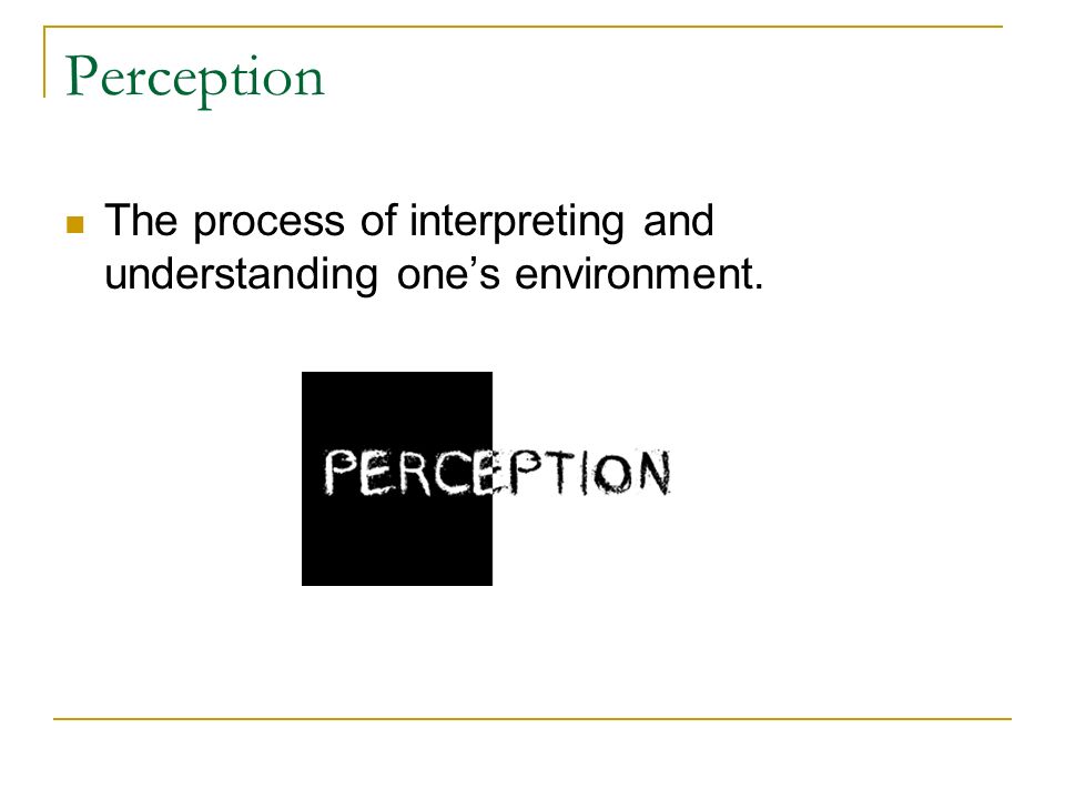 Perception The process of interpreting and understanding one’s environment.