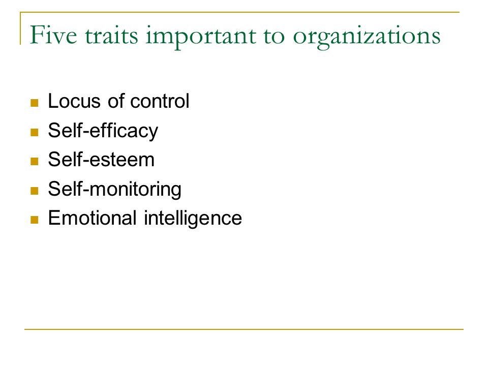 Five traits important to organizations Locus of control Self-efficacy Self-esteem Self-monitoring Emotional intelligence