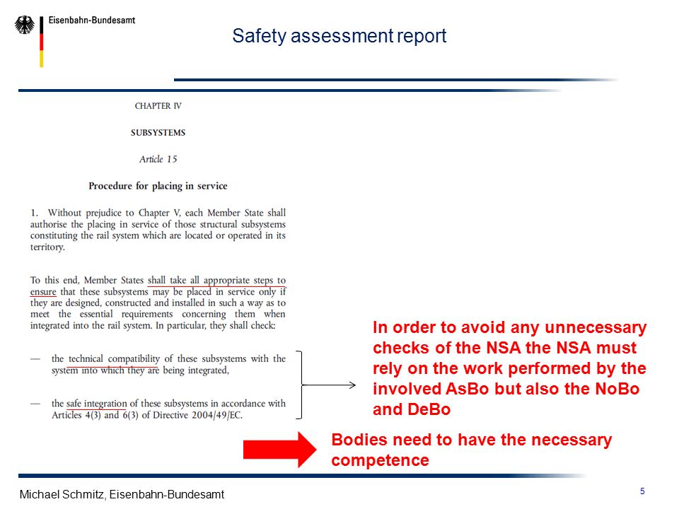 5 Michael Schmitz, Eisenbahn-Bundesamt Safety assessment report In order to avoid any unnecessary checks of the NSA the NSA must rely on the work performed by the involved AsBo but also the NoBo and DeBo Bodies need to have the necessary competence