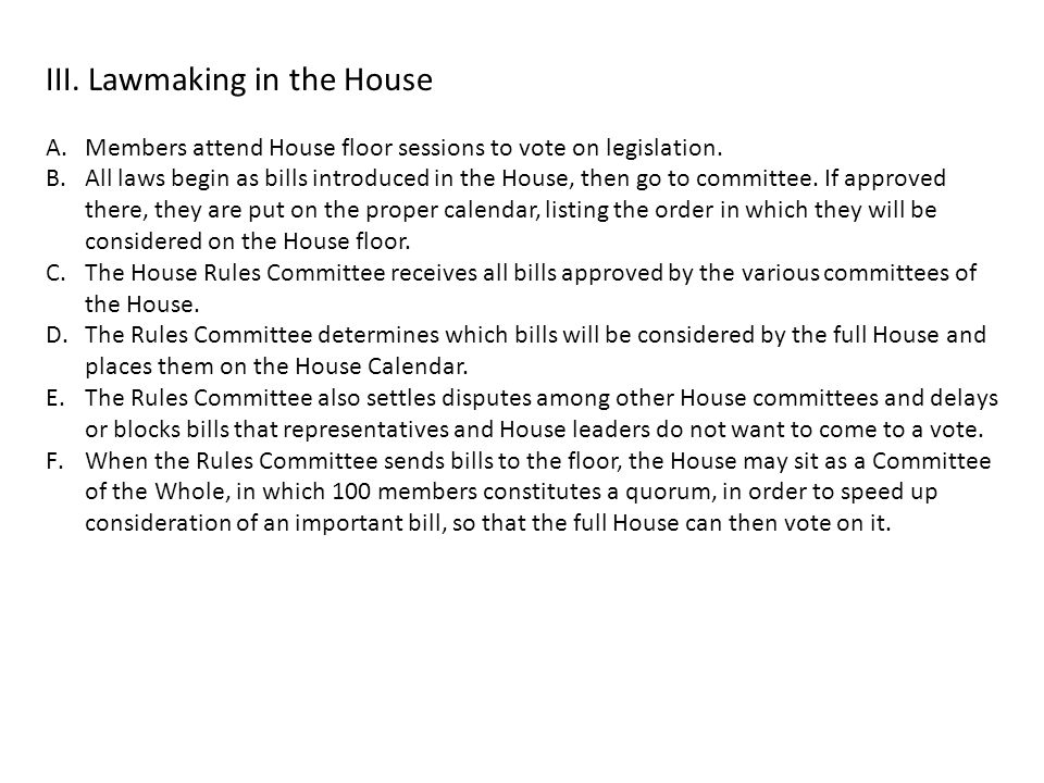 III. Lawmaking in the House A.Members attend House floor sessions to vote on legislation.