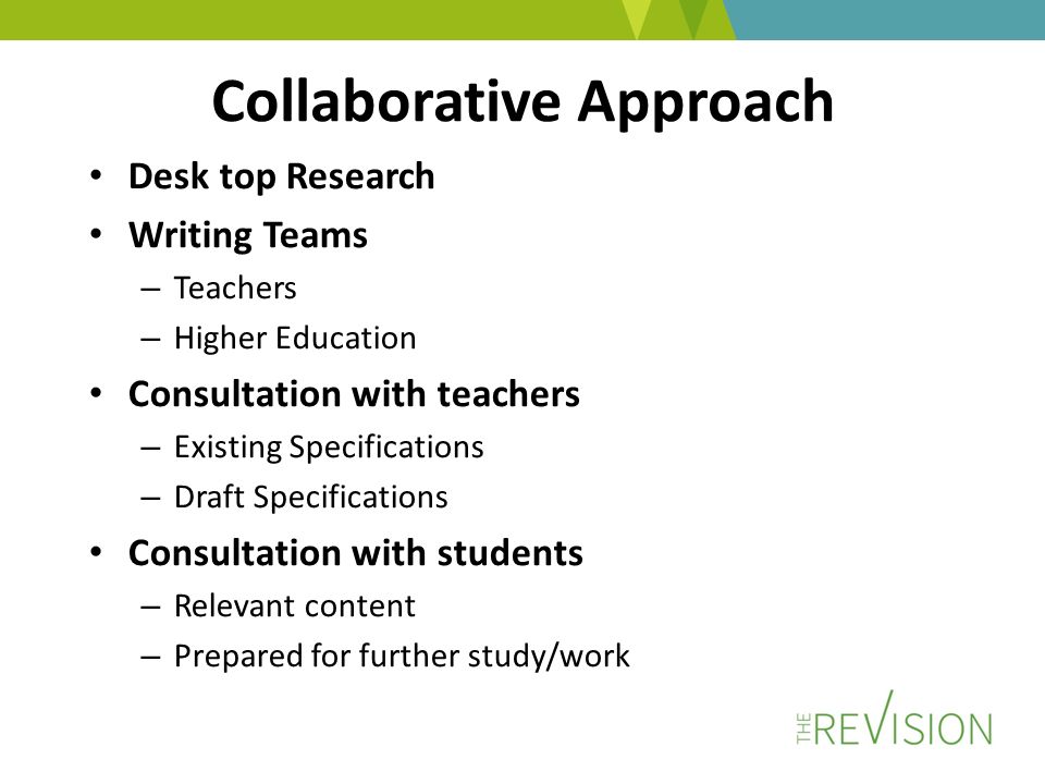 Collaborative Approach Desk top Research Writing Teams – Teachers – Higher Education Consultation with teachers – Existing Specifications – Draft Specifications Consultation with students – Relevant content – Prepared for further study/work