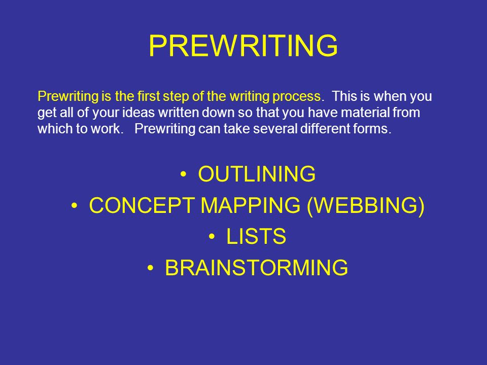 The Writing Process. PREWRITING OUTLINING CONCEPT MAPPING (WEBBING) LISTS  BRAINSTORMING Prewriting is the first step of the writing process. This is  when. - ppt download