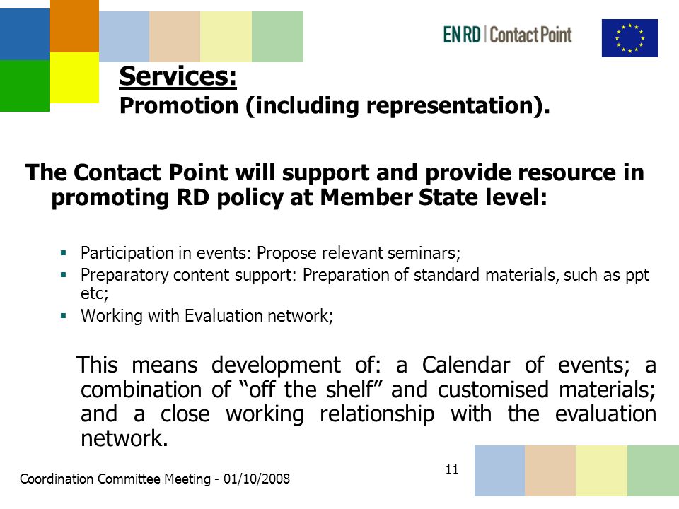 Coordination Committee Meeting - 01/10/ Services: Promotion (including representation).