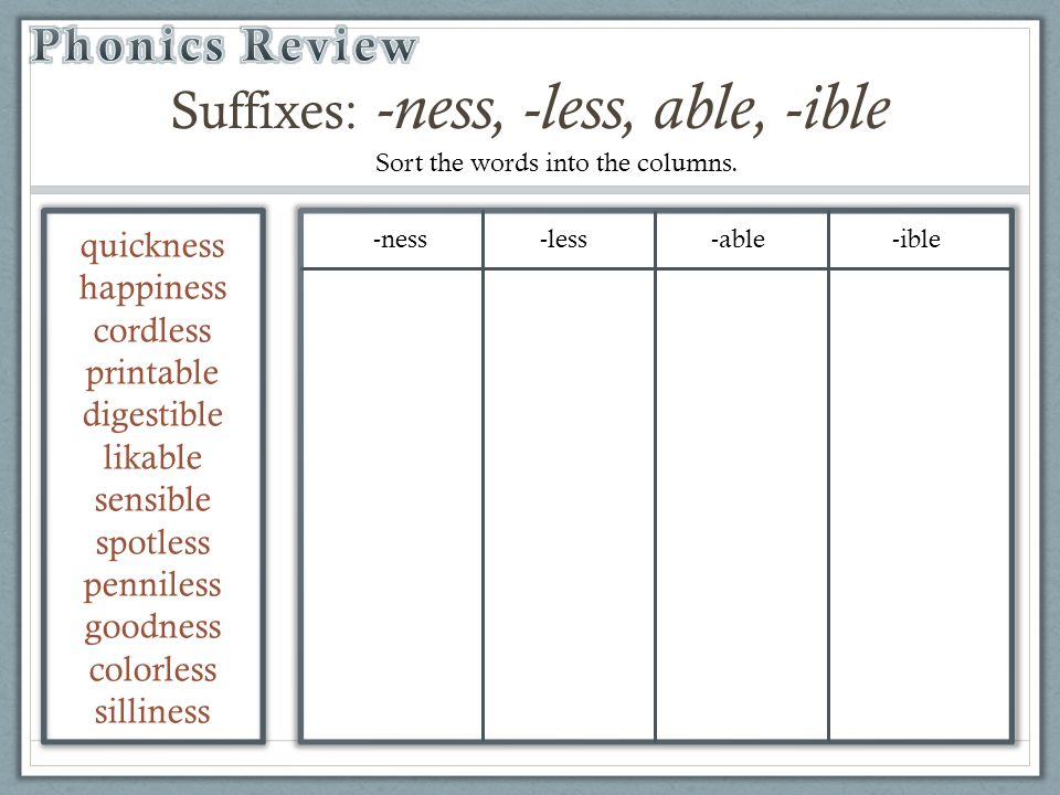Suffixes: -ness, -less, able, -ible -ness -less -able -ible quickness happiness cordless printable digestible likable sensible spotless penniless goodness colorless silliness Sort the words into the columns.
