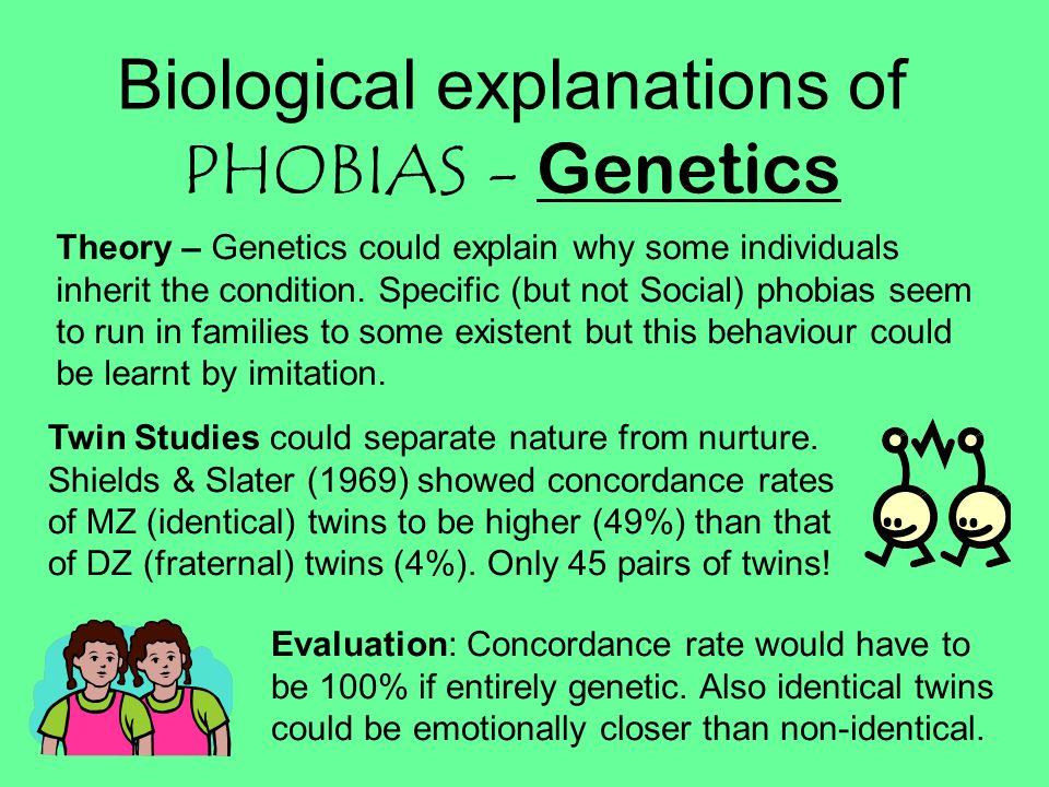 Biological explanations of PHOBIAS - Genetics Theory – Genetics could explain why some individuals inherit the condition.