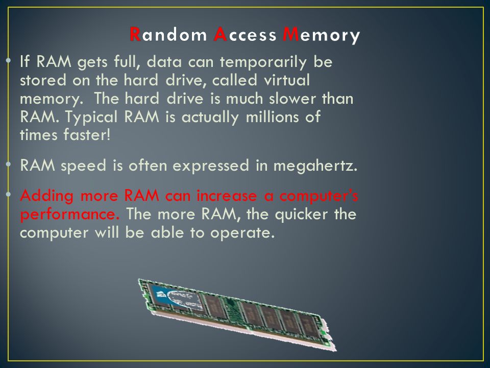 MEMORY is part of the Central Processing Unit, or CPU, where data and  information are stored. There are two main types of memory in a computer –  RAM. - ppt download