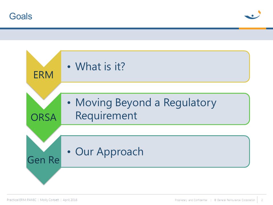 Proprietary and Confidential | © General Reinsurance Corporation Goals Practical ERM: PAMIC | Molly Corbett | April, ERM What is it.