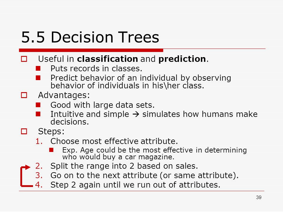 Decision Trees  Useful in classification and prediction.