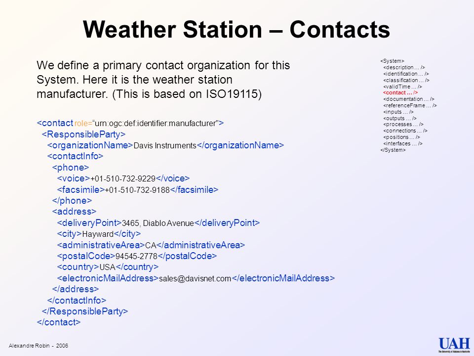 Weather Station – Contacts Alexandre Robin Davis Instruments , Diablo Avenue Hayward CA USA We define a primary contact organization for this System.