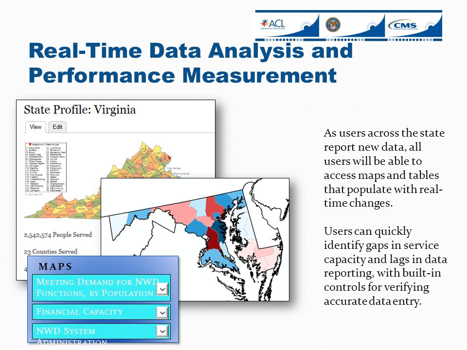Real-Time Data Analysis and Performance Measurement As users across the state report new data, all users will be able to access maps and tables that populate with real- time changes.
