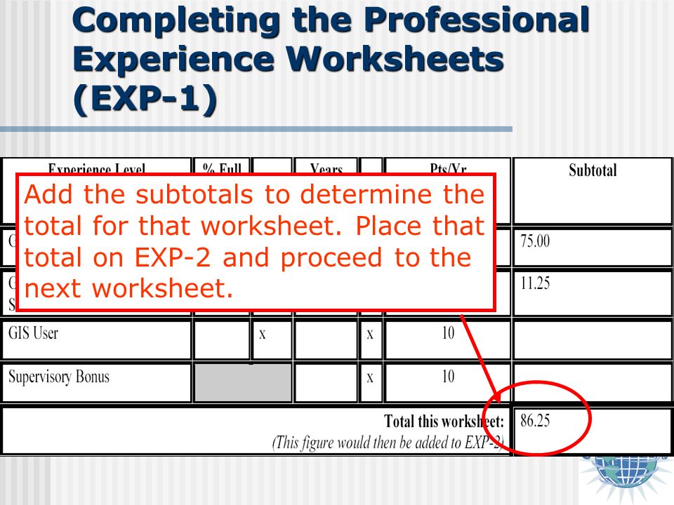 Completing the Professional Experience Worksheets (EXP-1) Add the subtotals to determine the total for that worksheet.