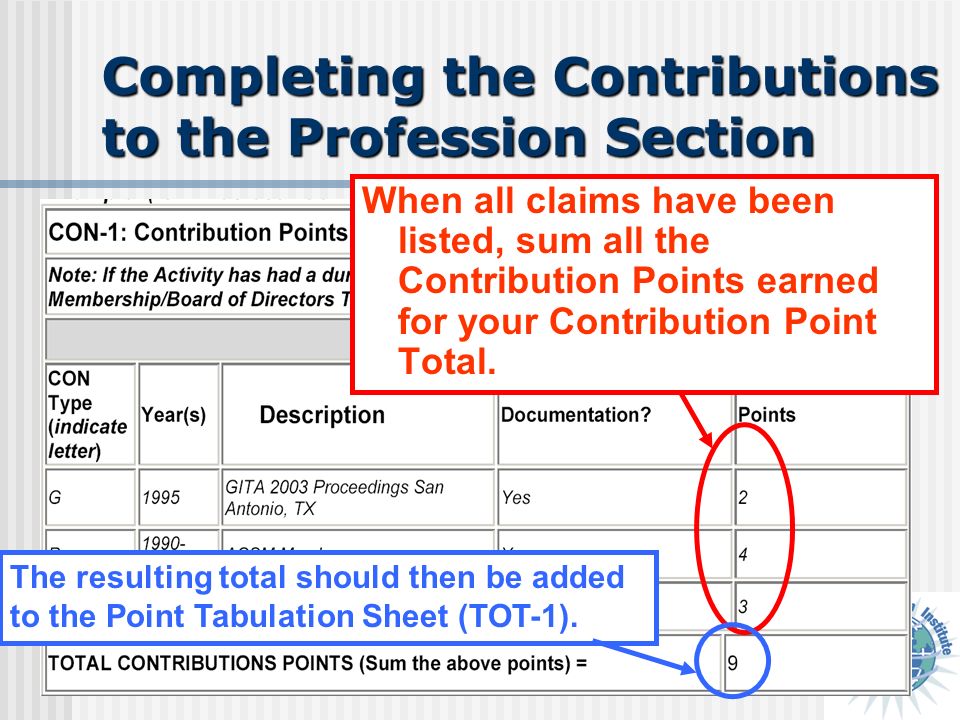Completing the Contributions to the Profession Section When all claims have been listed, sum all the Contribution Points earned for your Contribution Point Total.