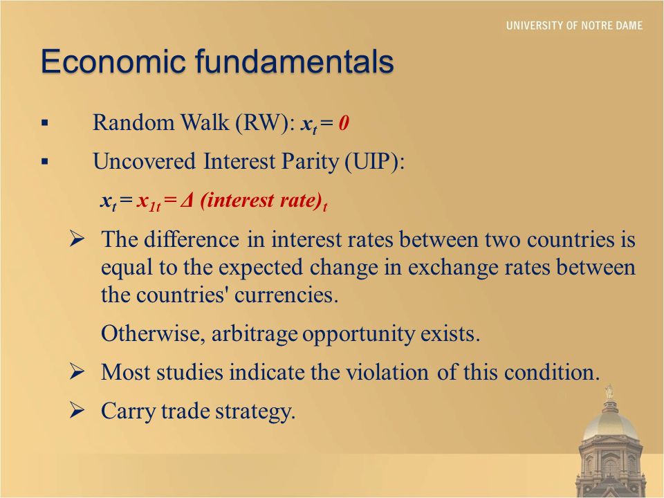  Random Walk (RW): x t = 0  Uncovered Interest Parity (UIP): x t = x 1t = Δ (interest rate) t  The difference in interest rates between two countries is equal to the expected change in exchange rates between the countries currencies.