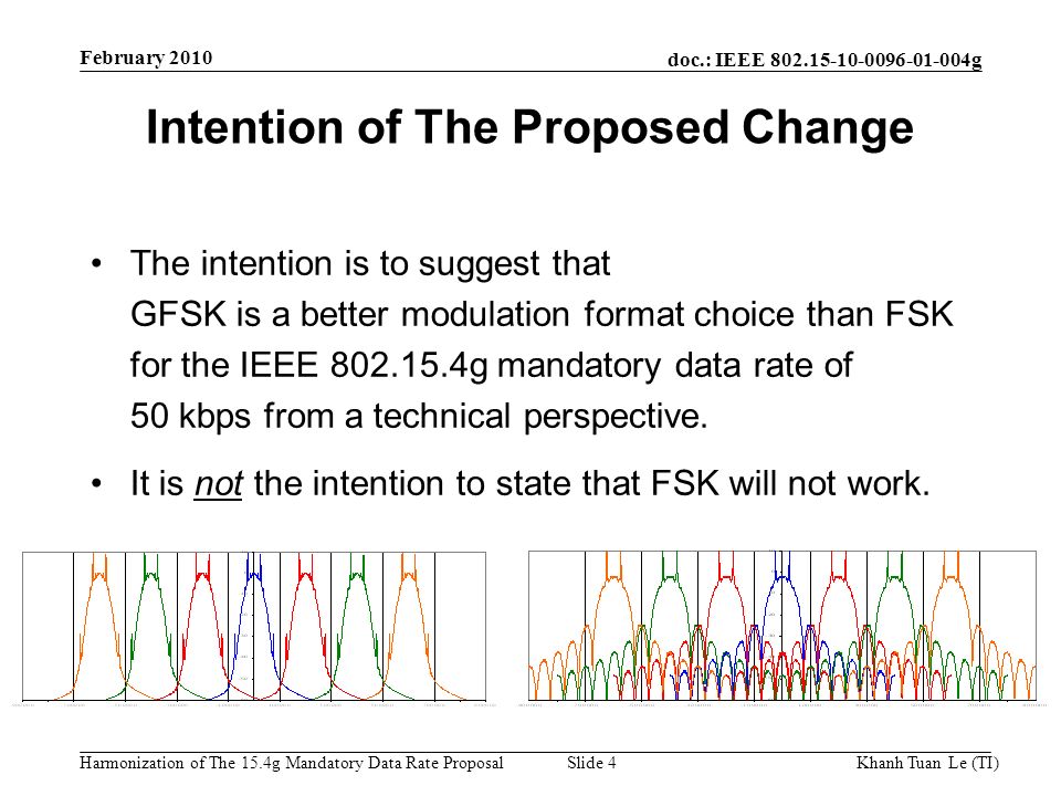 doc.: IEEE g Harmonization of The 15.4g Mandatory Data Rate ProposalKhanh Tuan Le (TI)Slide 4 Intention of The Proposed Change The intention is to suggest that GFSK is a better modulation format choice than FSK for the IEEE g mandatory data rate of 50 kbps from a technical perspective.