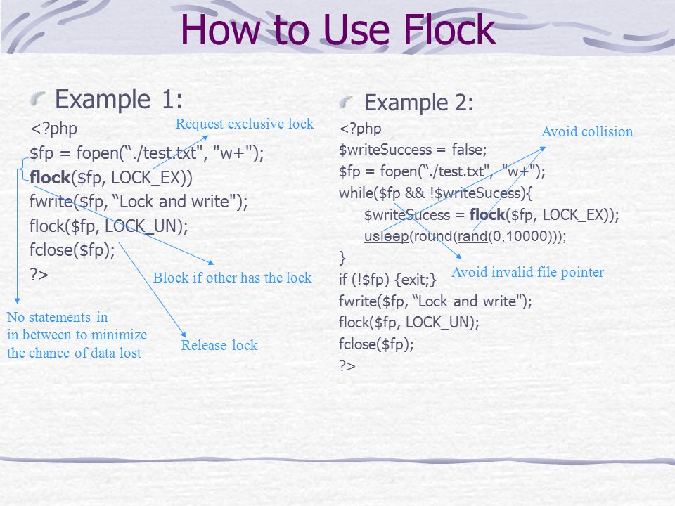 Flock in PHP By Chao Liang. Basic Flock Concept What is flock? Abbreviation  for file locking Why flock? Data consistency. Prevent file corruption.  Different. - ppt download