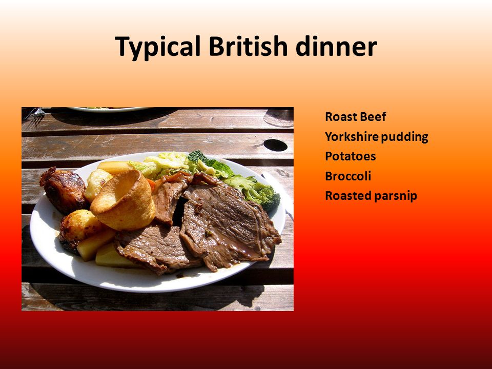 Typical British dinner Roast Beef Yorkshire pudding Potatoes Broccoli Roasted parsnip