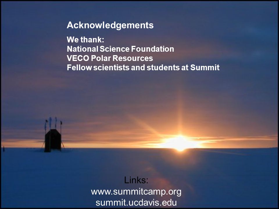 Links:   summit.ucdavis.edu Acknowledgements We thank: National Science Foundation VECO Polar Resources Fellow scientists and students at Summit