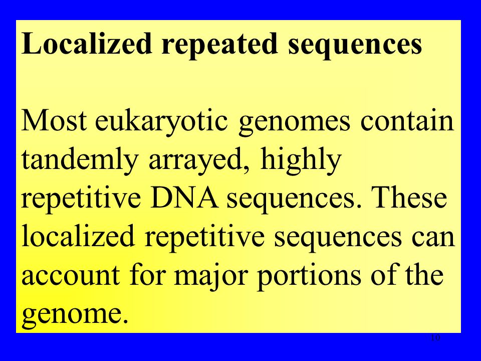 10 Localized repeated sequences Most eukaryotic genomes contain tandemly arrayed, highly repetitive DNA sequences.