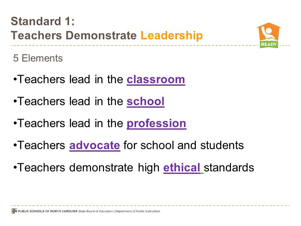 5 Elements Teachers lead in the classroom Teachers lead in the school Teachers lead in the profession Teachers advocate for school and students Teachers demonstrate high ethical standards Standard 1: Teachers Demonstrate Leadership